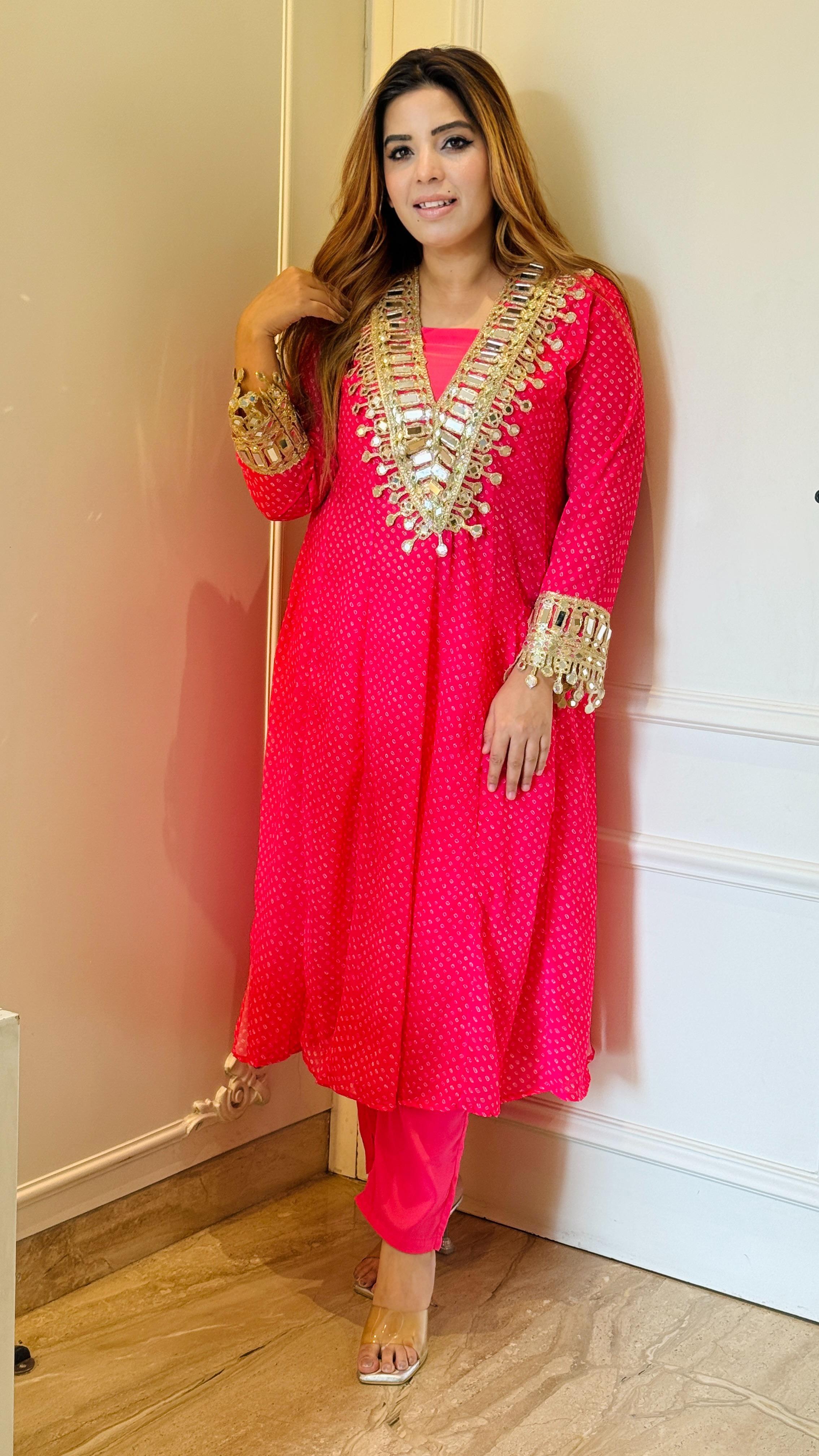 Bandhani Slit Kurta Set- Yellow, Blue, Pink